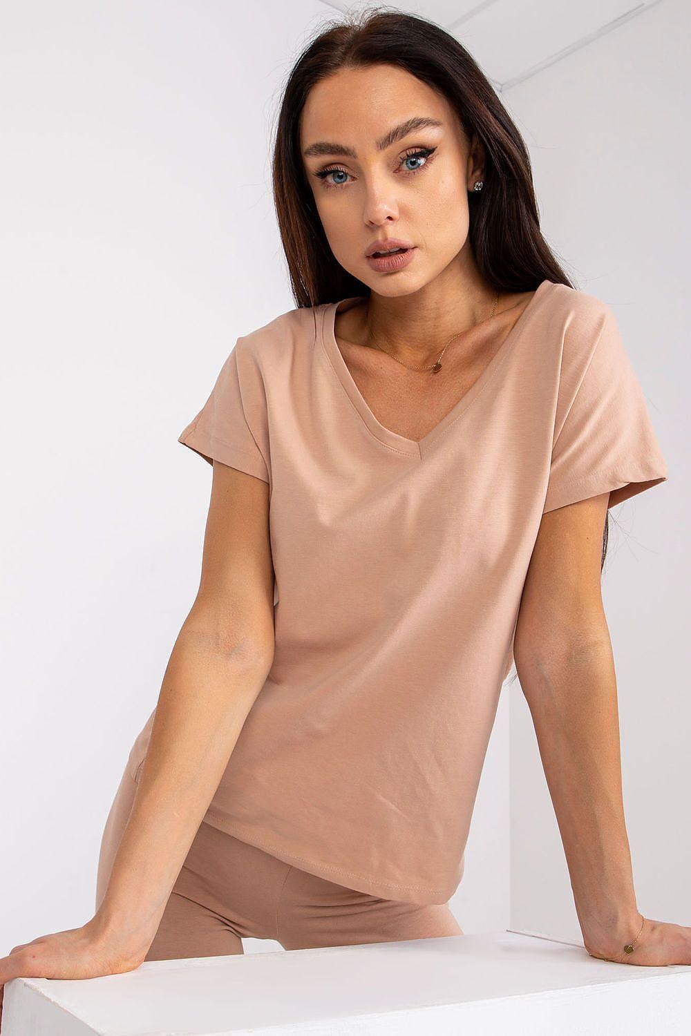 Beige V-neck T-shirt with short sleeves and a relaxed fit.