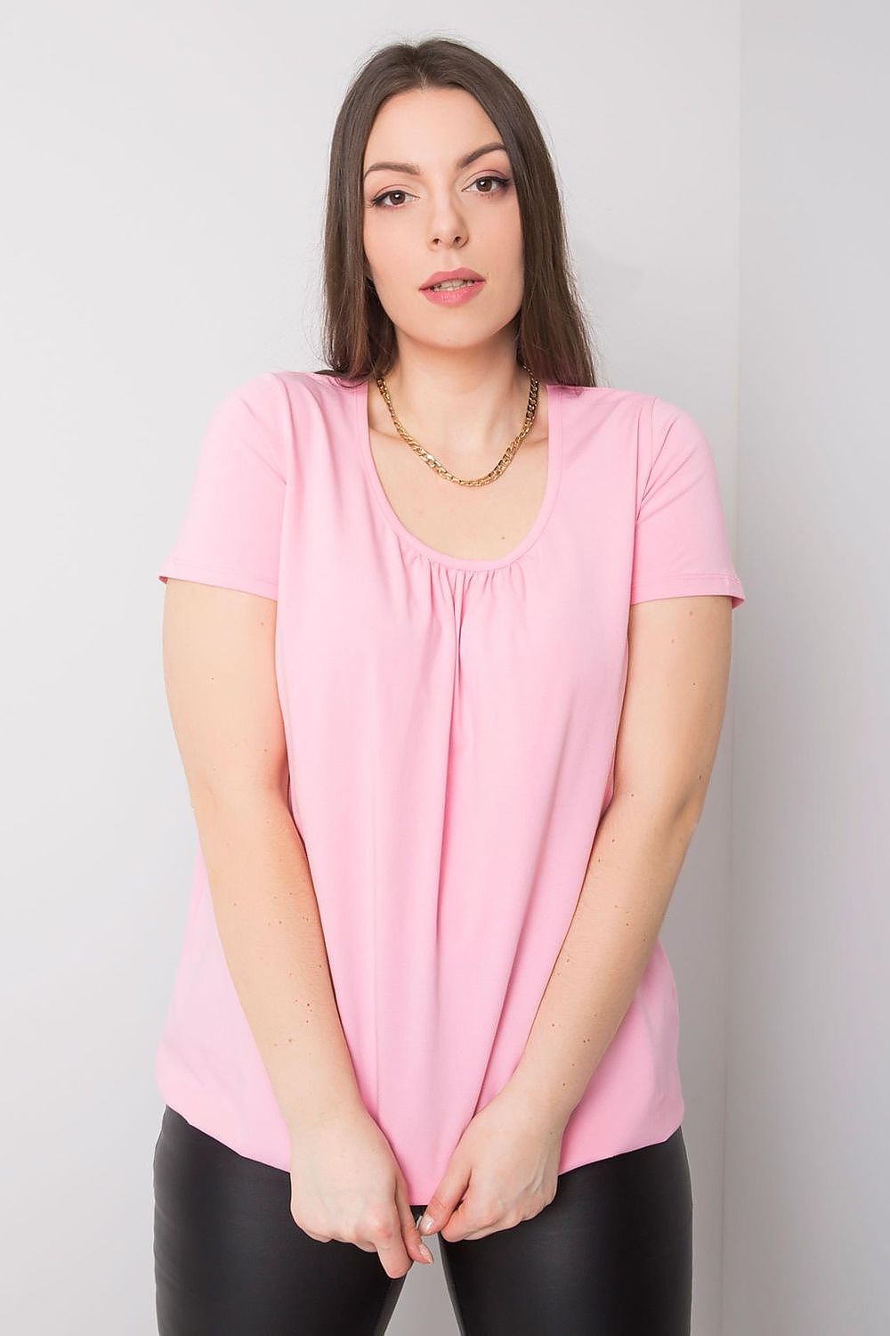 Plus size pink cotton stretch T-shirt with scoop neck and gathered front detail