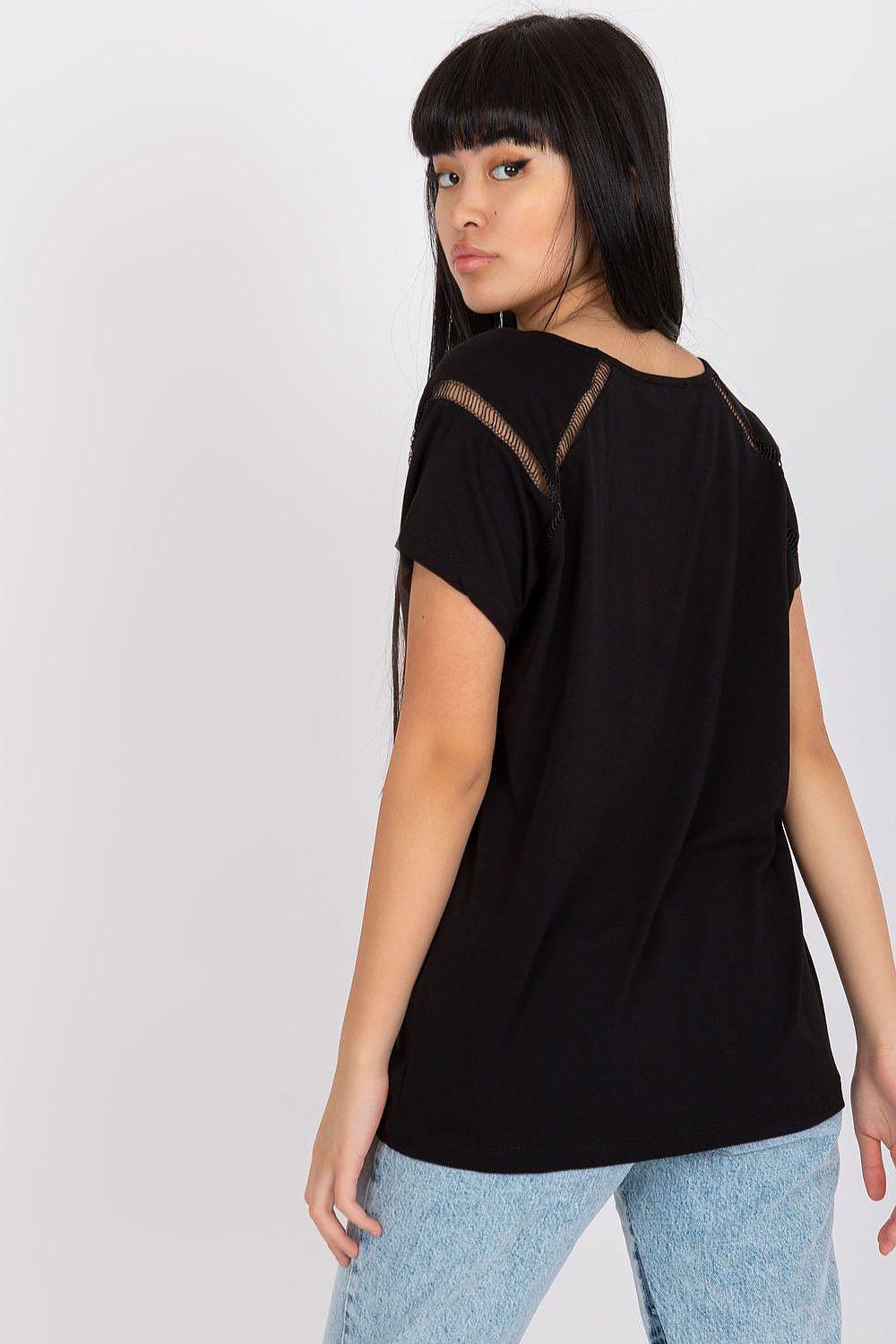 Black blouse with sheer shoulder stripe detail, short sleeves