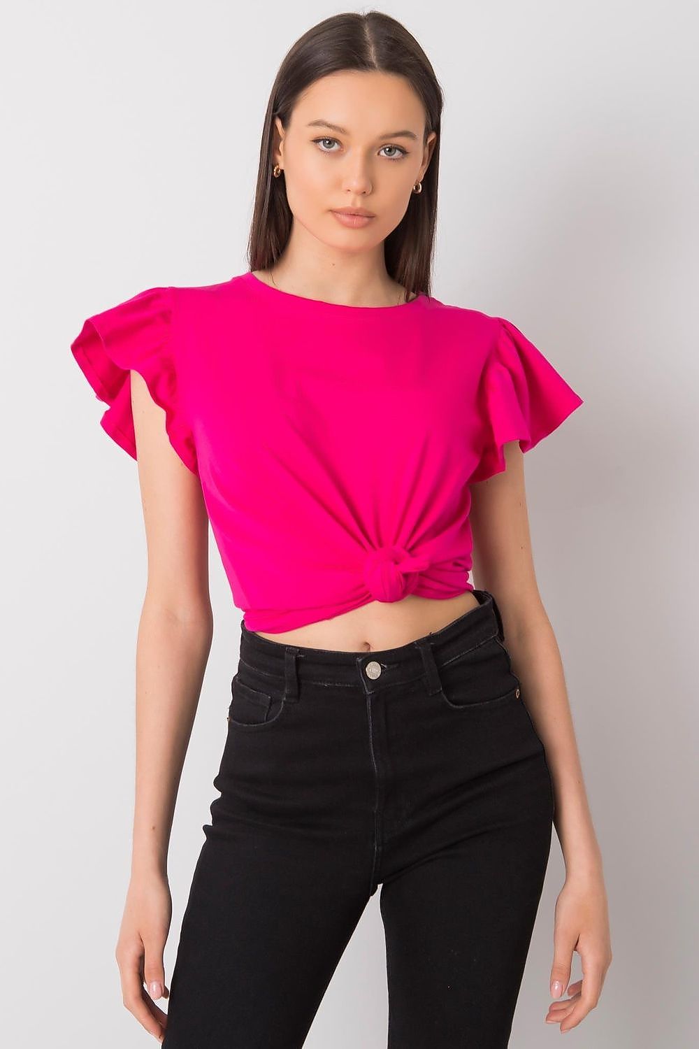 Pink frill-sleeve blouse with knotted front detail, short sleeves