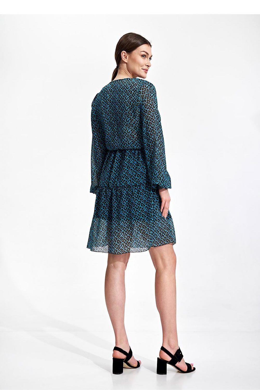 Figl day dress with teal-blue patterned print, long sleeves, gathered waist, back view