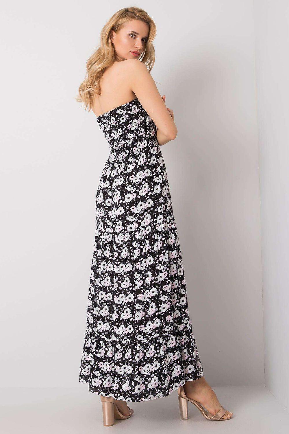 Black floral strapless maxi daydress with tiered skirt and fitted bodice
