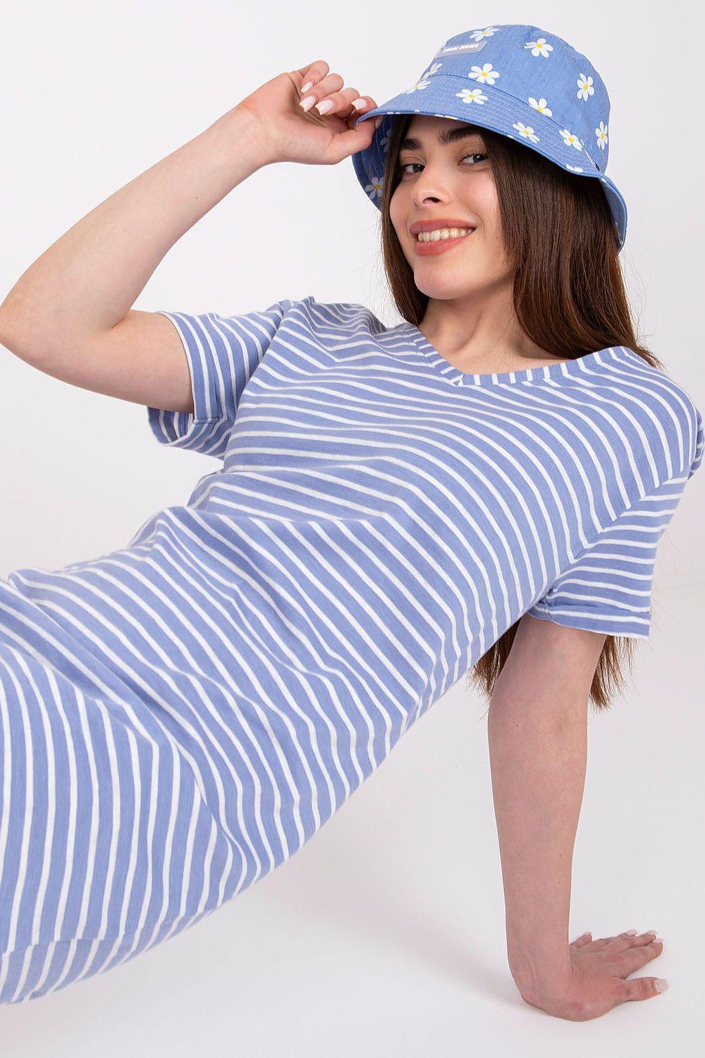 Blue-and-white striped daydress with short sleeves and round neck, side view