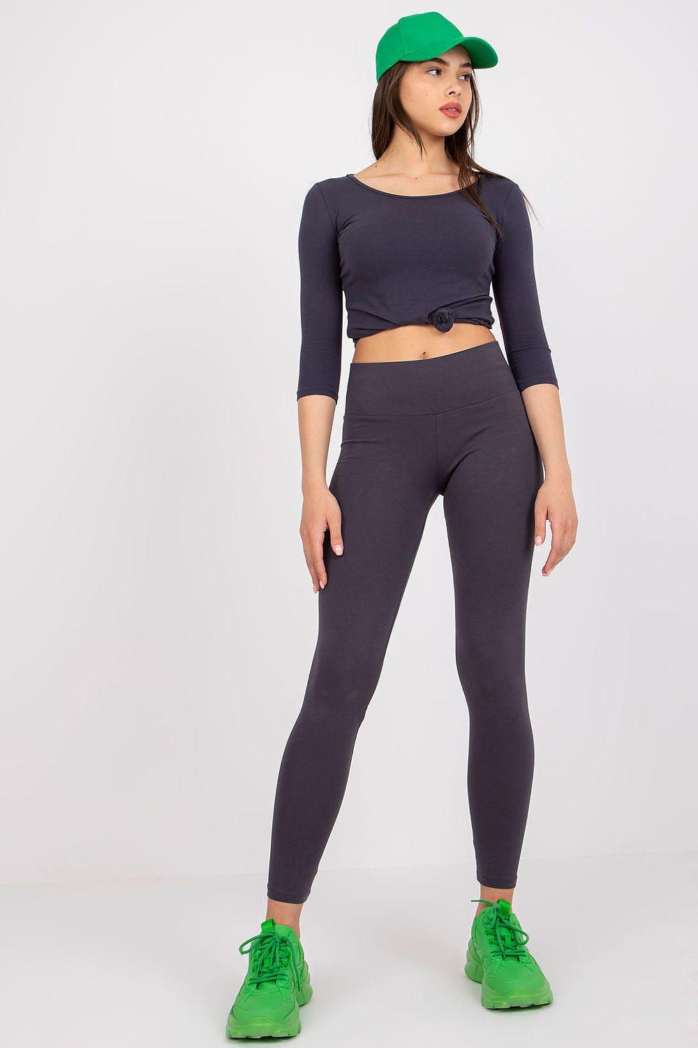 High-waist dark grey leggings with straight slim legs and stretchy waistband.