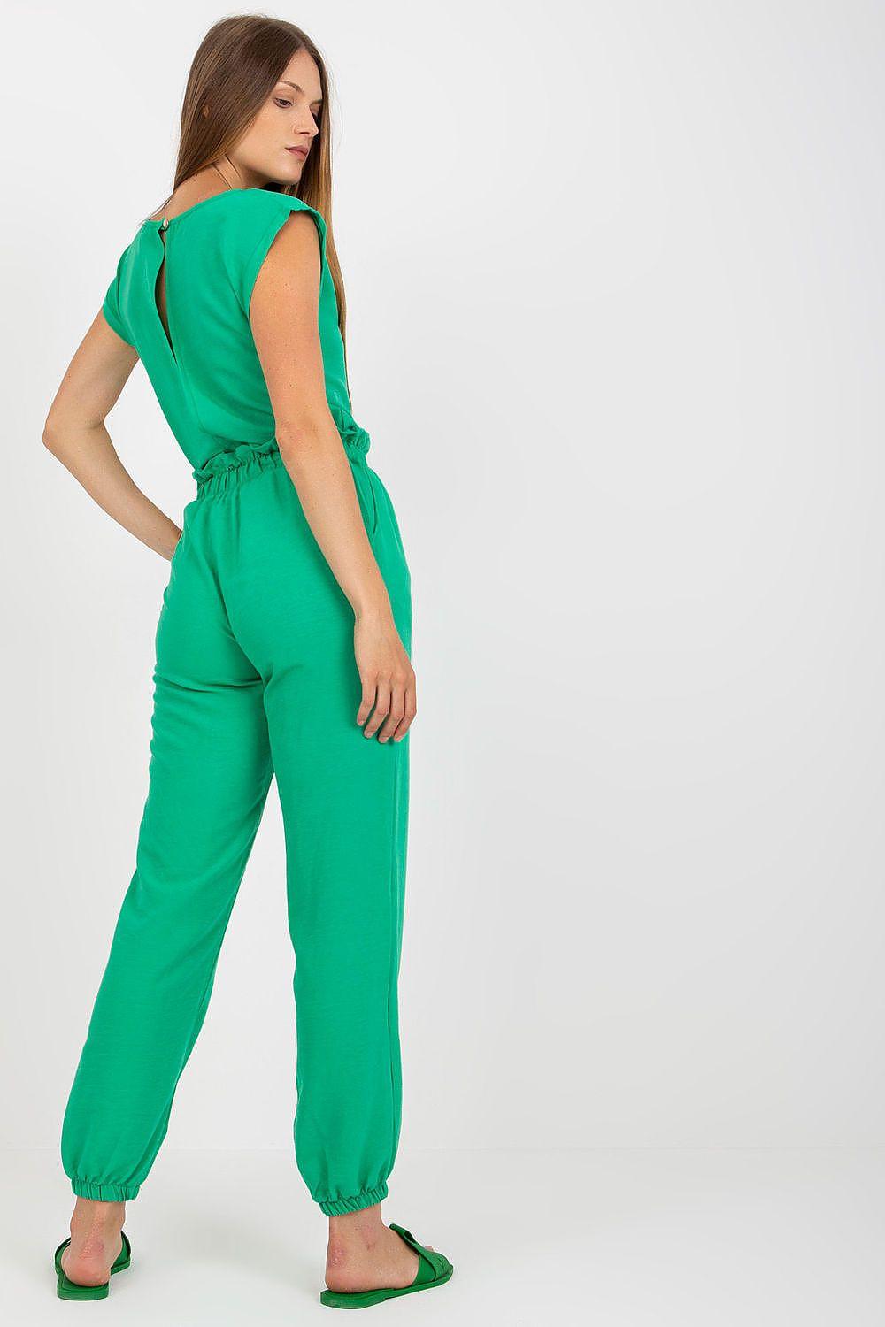 Green sleeveless jumpsuit with gathered back seam and drawstring waist