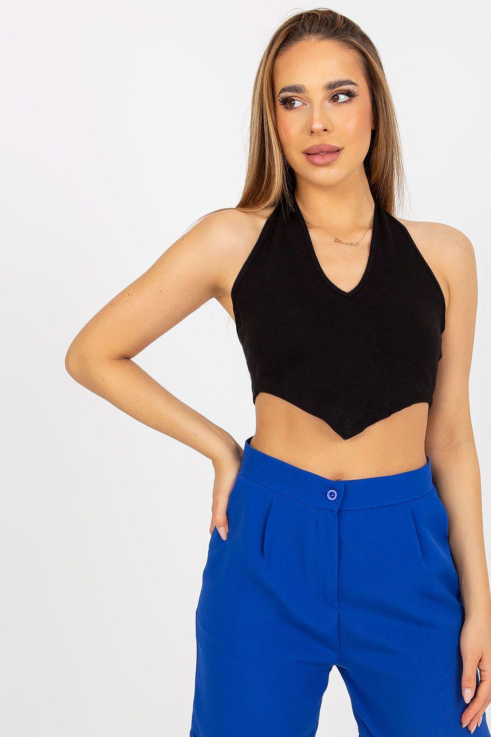 Black ribbed V-neck crop top with pointed hem, sleeveless