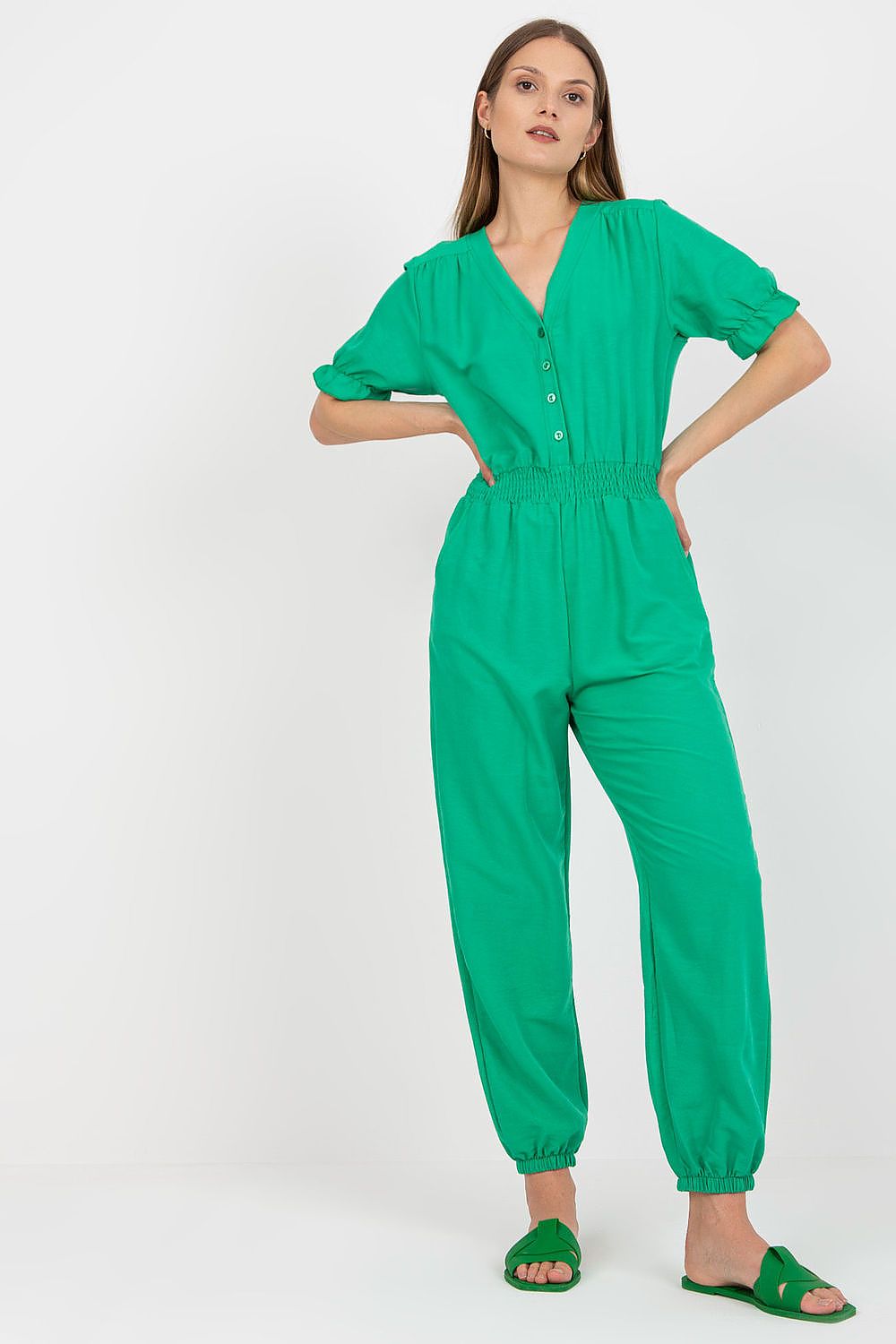 Green frill-sleeve cotton blend jumpsuit with V-neck and button front