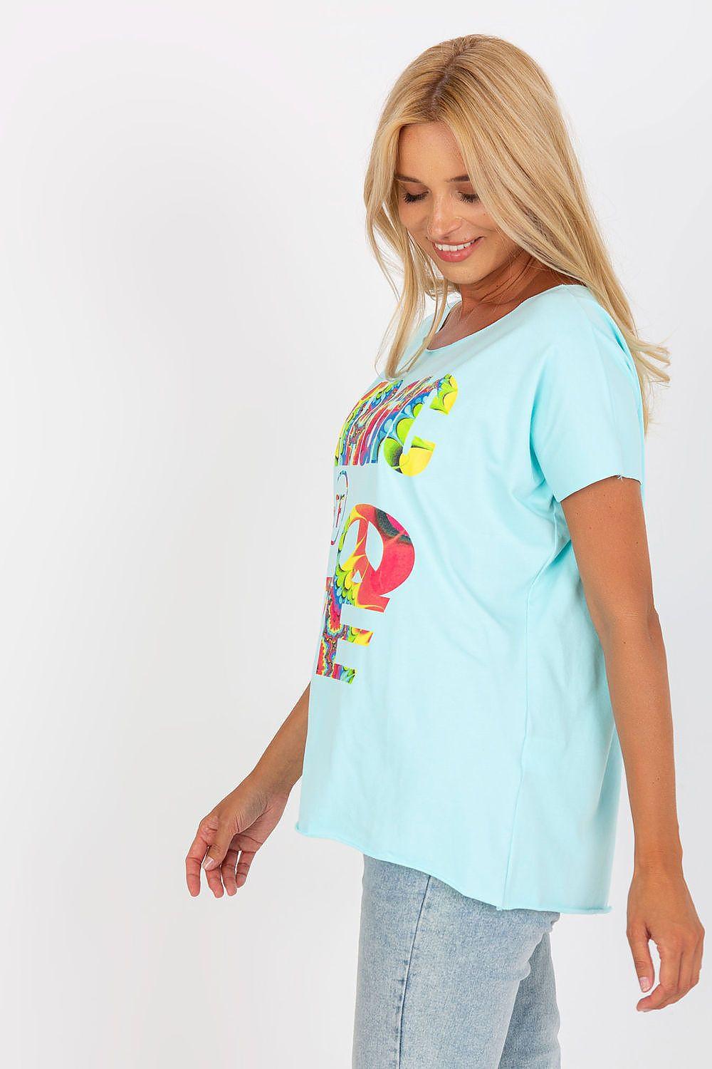 Light blue short-sleeve cotton blouse with colorful side graphic print detail