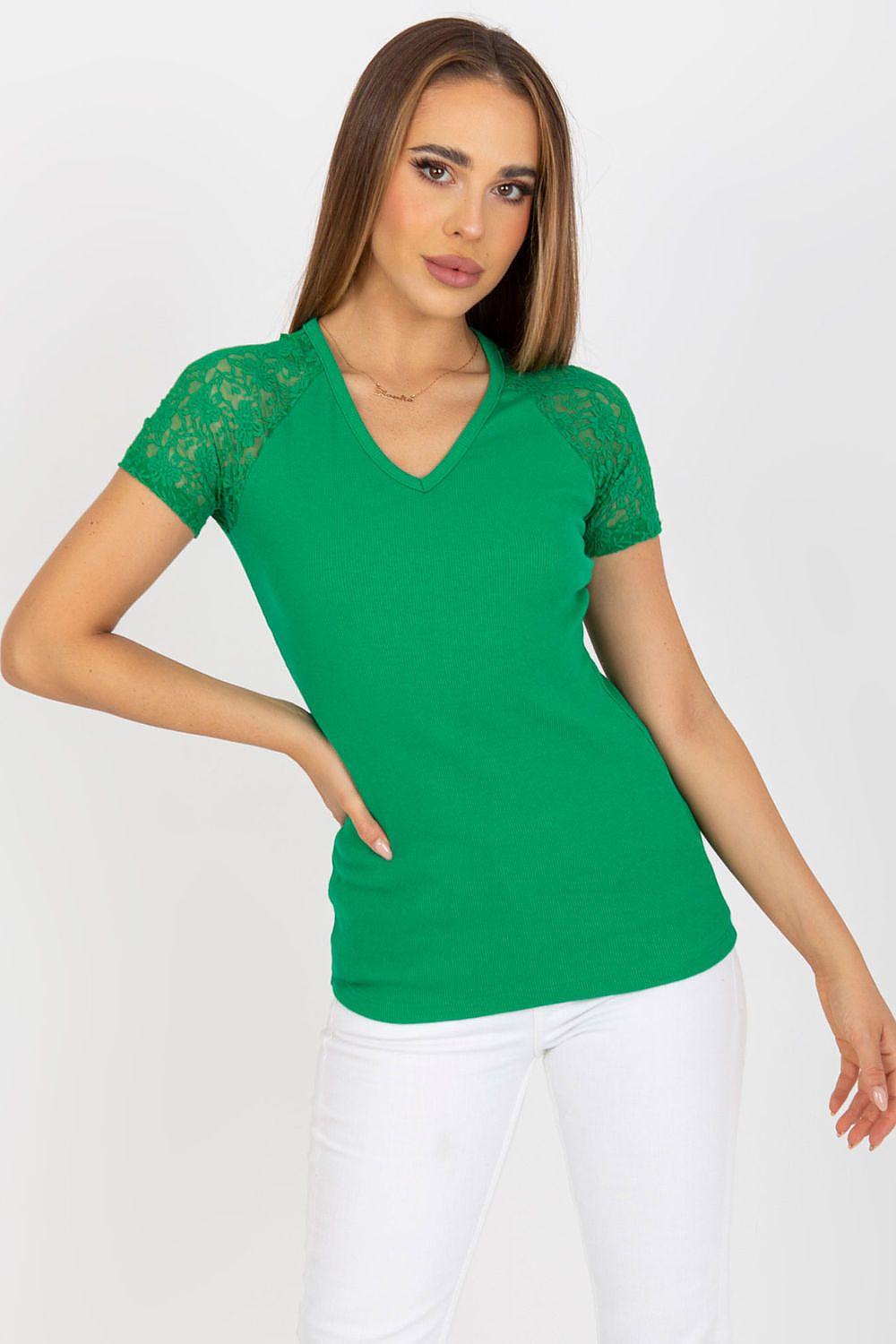 Green blouse with lace short sleeves and heart-shaped neckline