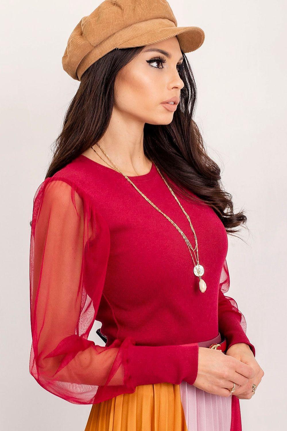 Red fitted blouse with sheer sleeves and crew neckline