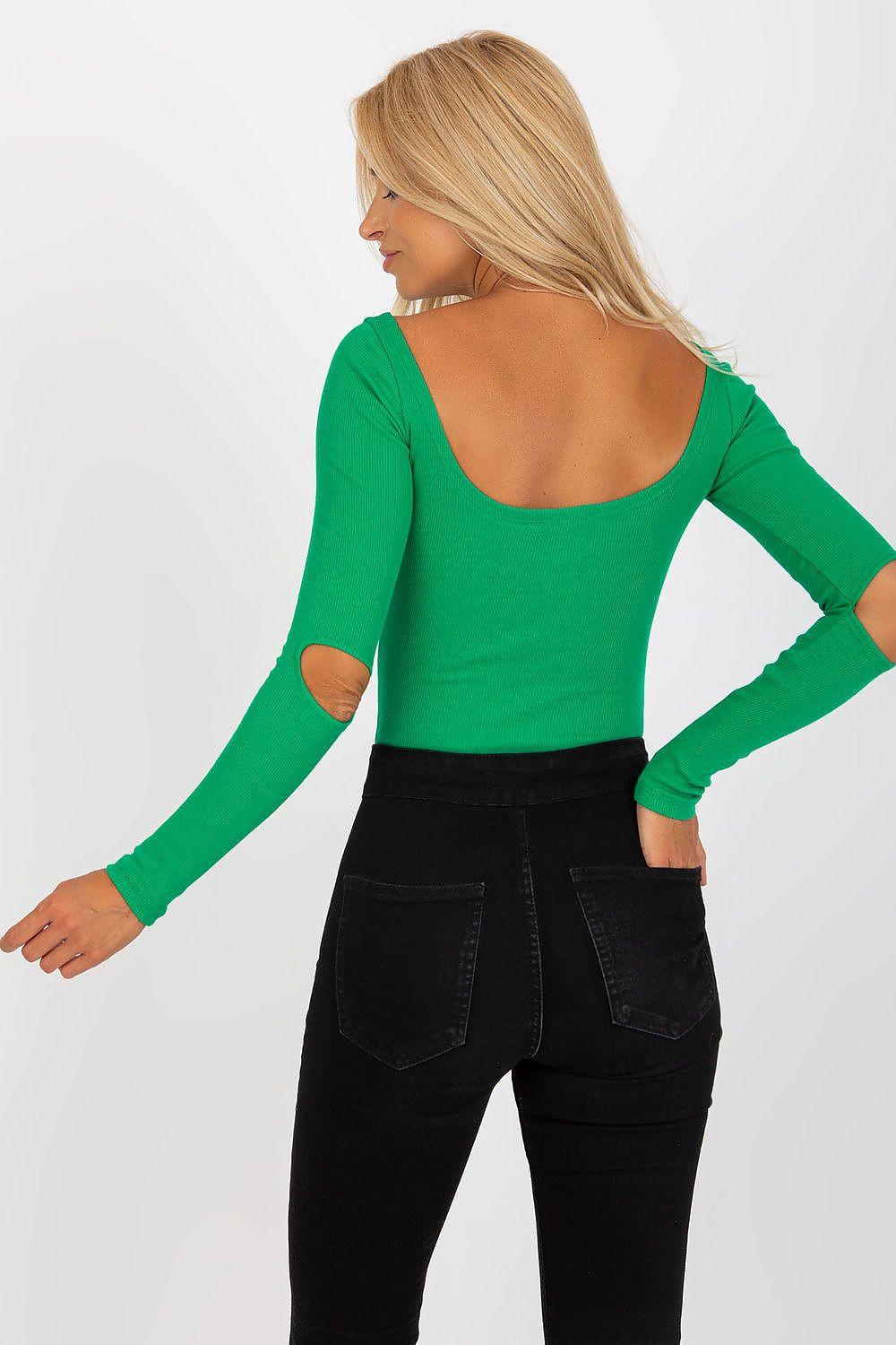 Green fitted long-sleeve scoop-neck blouse