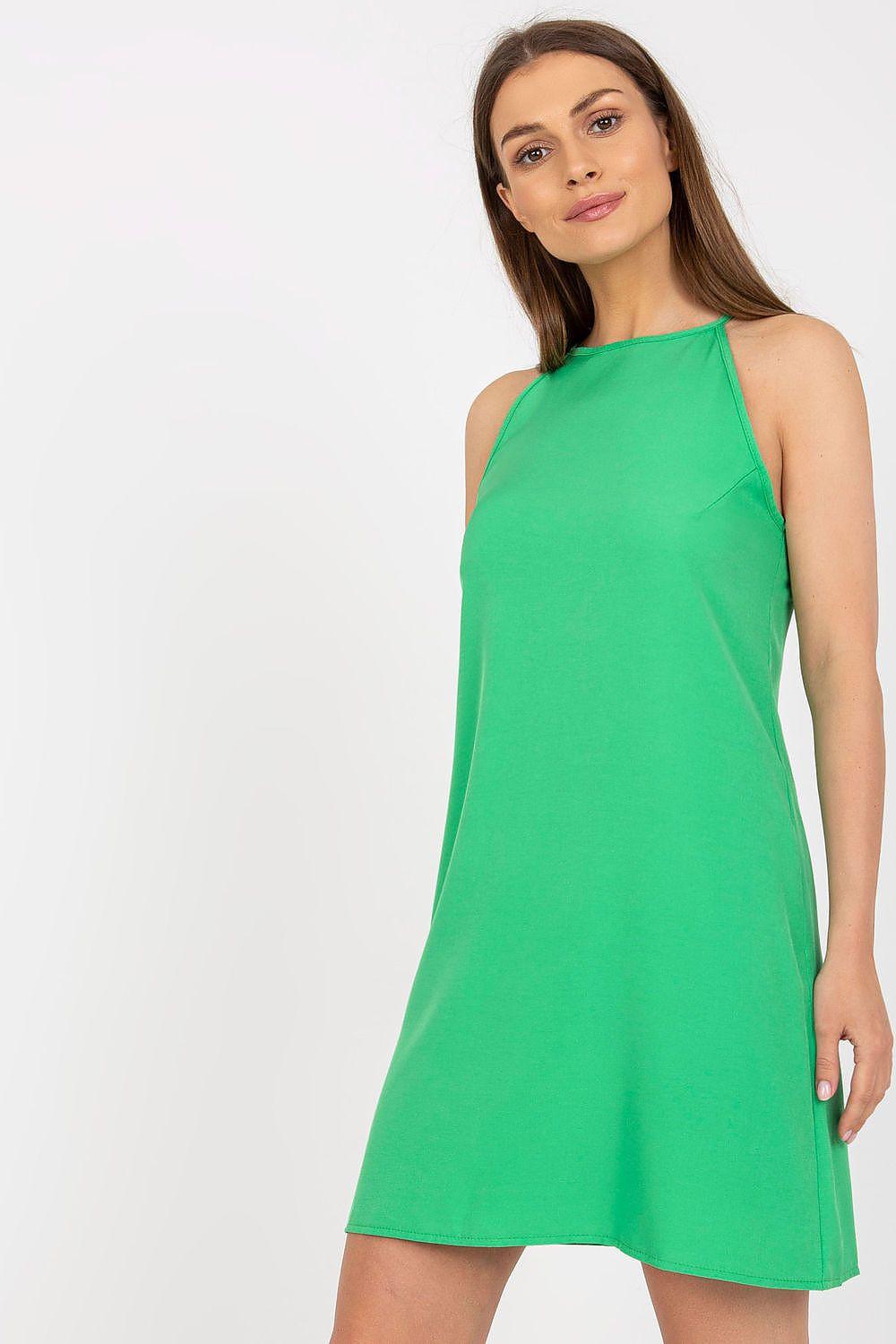 Green sleeveless daydress with high neckline, A-line skirt