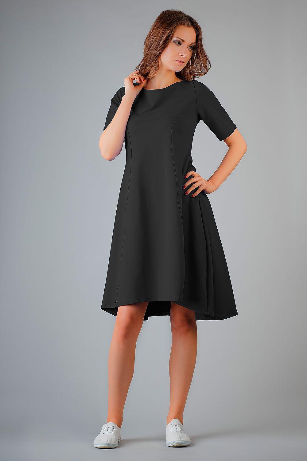 Black Tessita daydress with short sleeves, round neck, flared skirt, knee-length