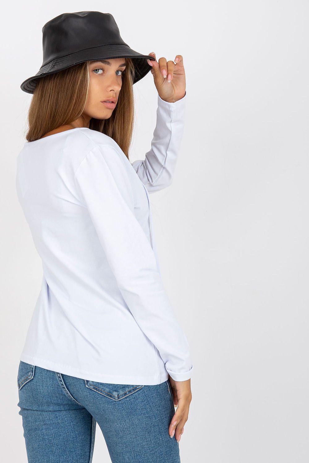 White V-neck long-sleeve blouse with drawstring neckline and small chest cutout