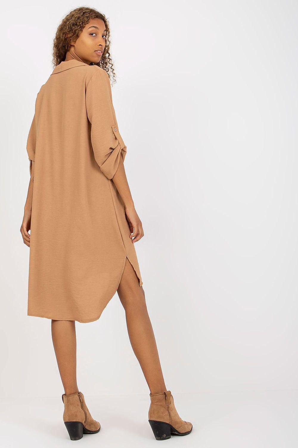 Brown collared daydress with three-quarter sleeves and draped back hem