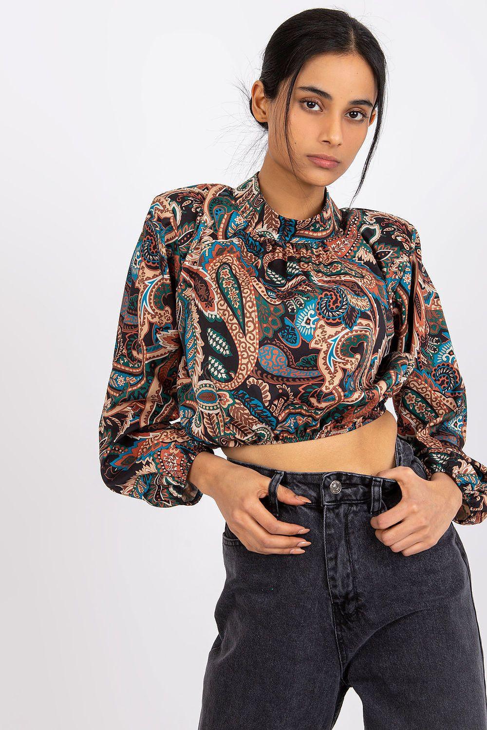Italy Moda paisley blouse with stand collar, cropped long sleeves, multicolor print