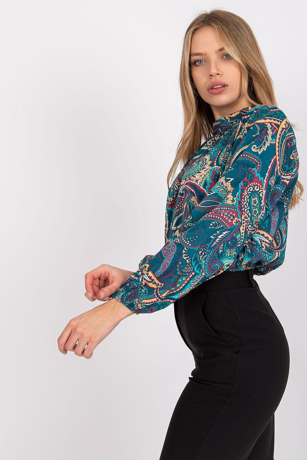 Paisley-print high-neck blouse with long sleeves, teal multicolor side view