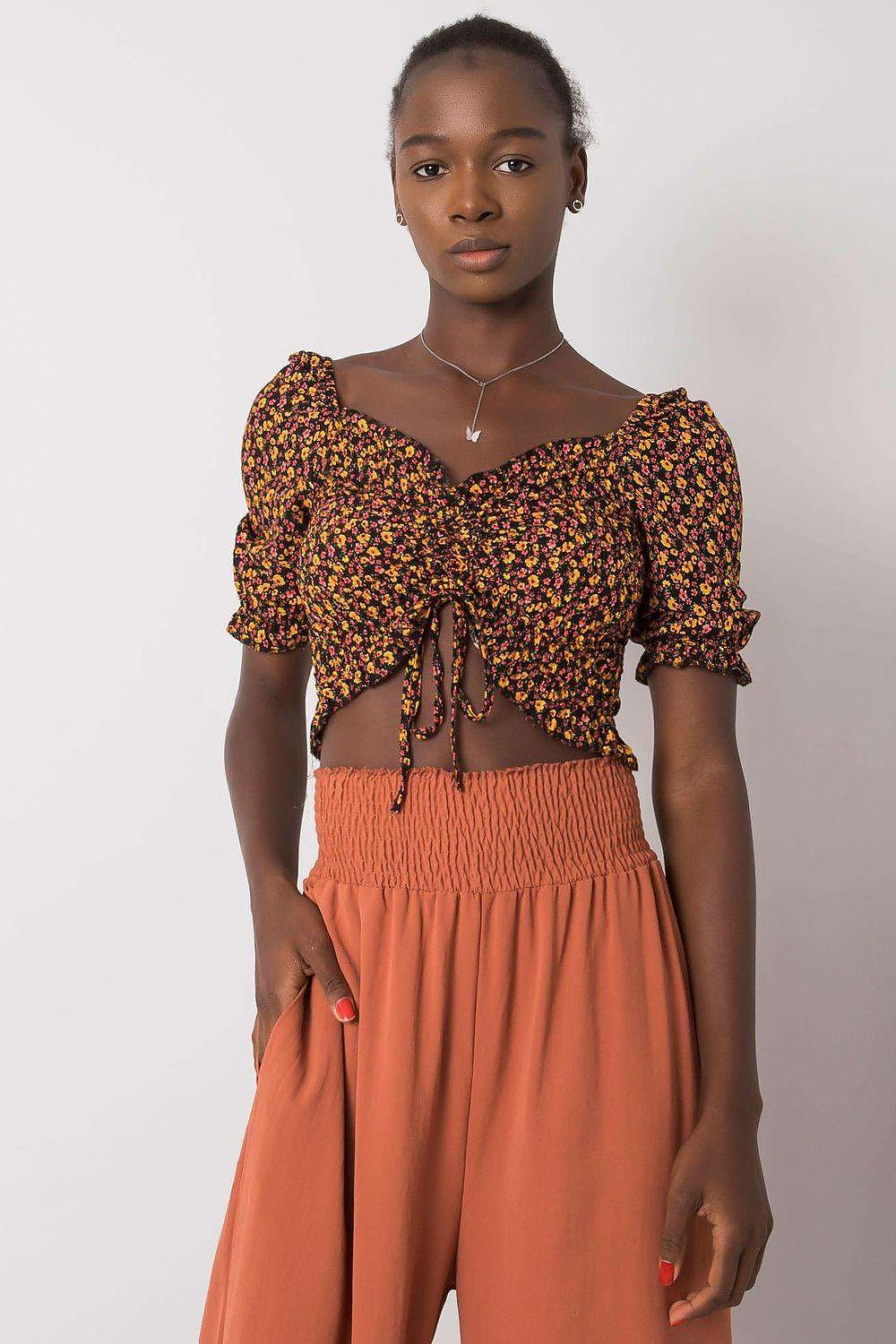 Floral cropped blouse with V-neck and puff sleeves, ruched bodice and tie detail