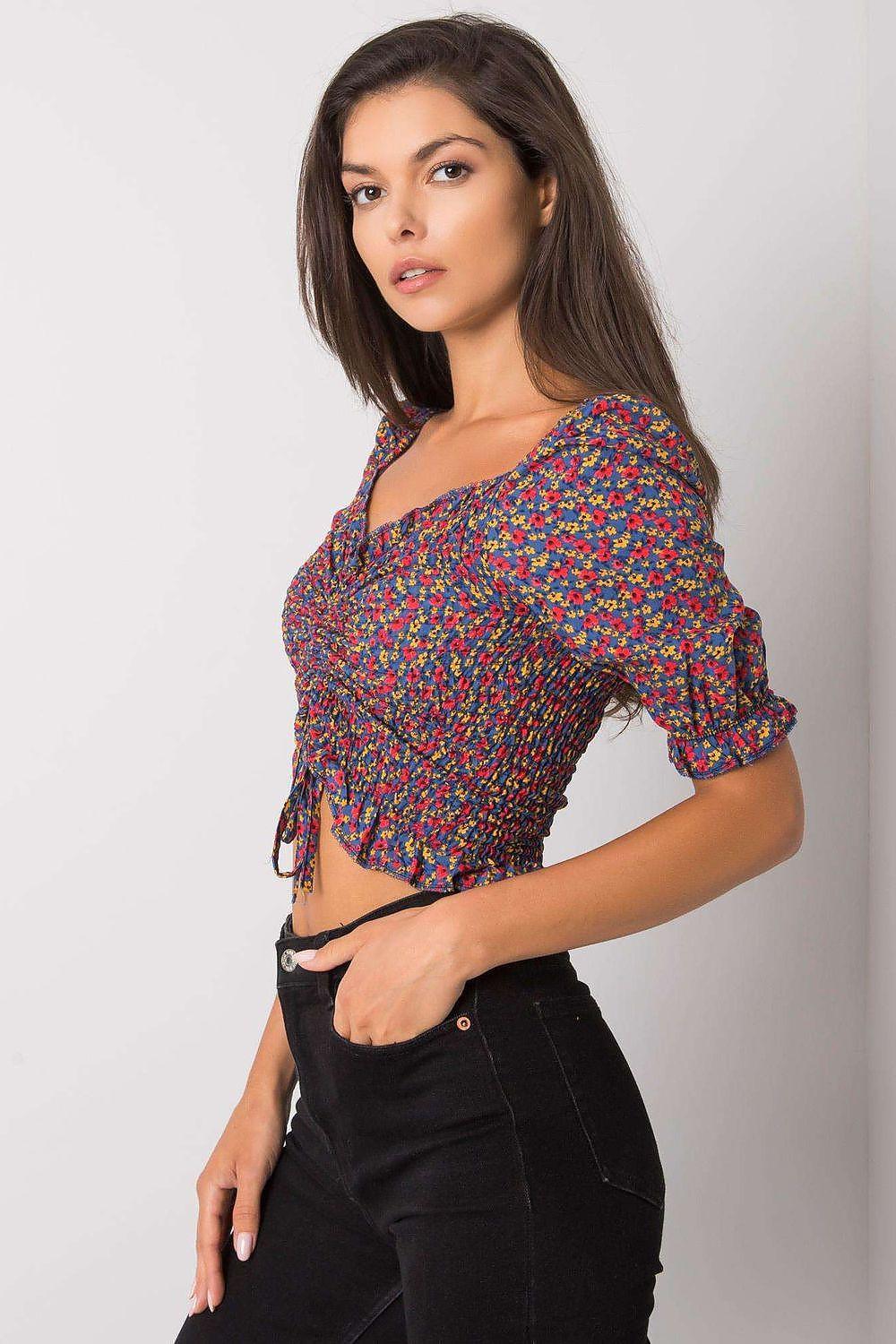 Rue Paris blouse with multicolor floral print, puff sleeves, tied ruched front