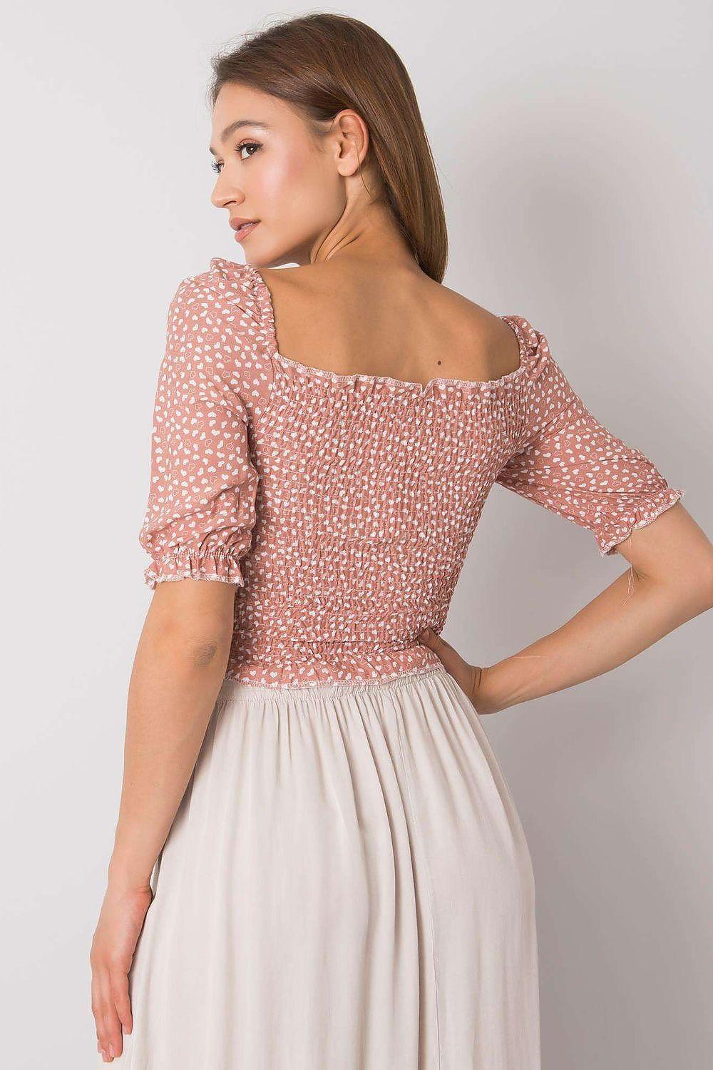 Pink patterned blouse with off-shoulder neckline, gathered bodice, puff sleeves