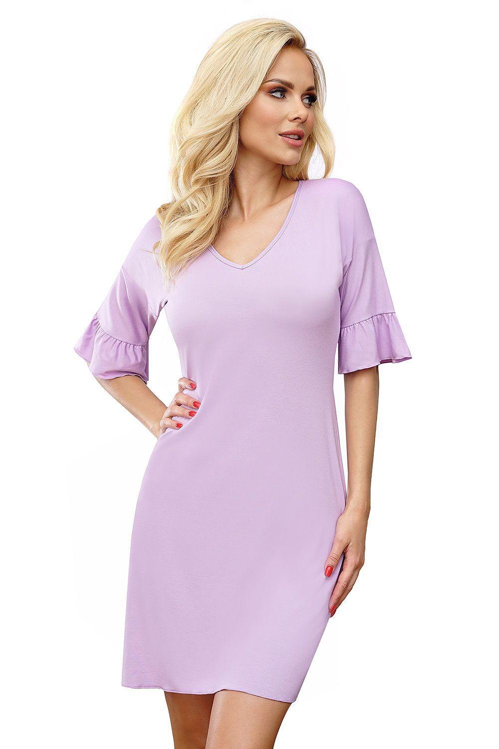 Violet nightshirt with V-neck and short ruffle sleeves, relaxed fit