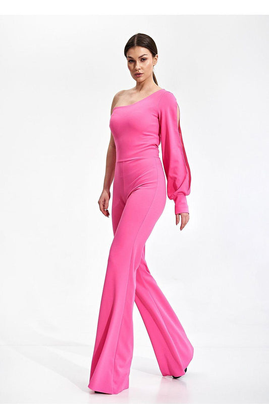 Pink one-shoulder flare-leg jumpsuit with fitted waist and long sleeves
