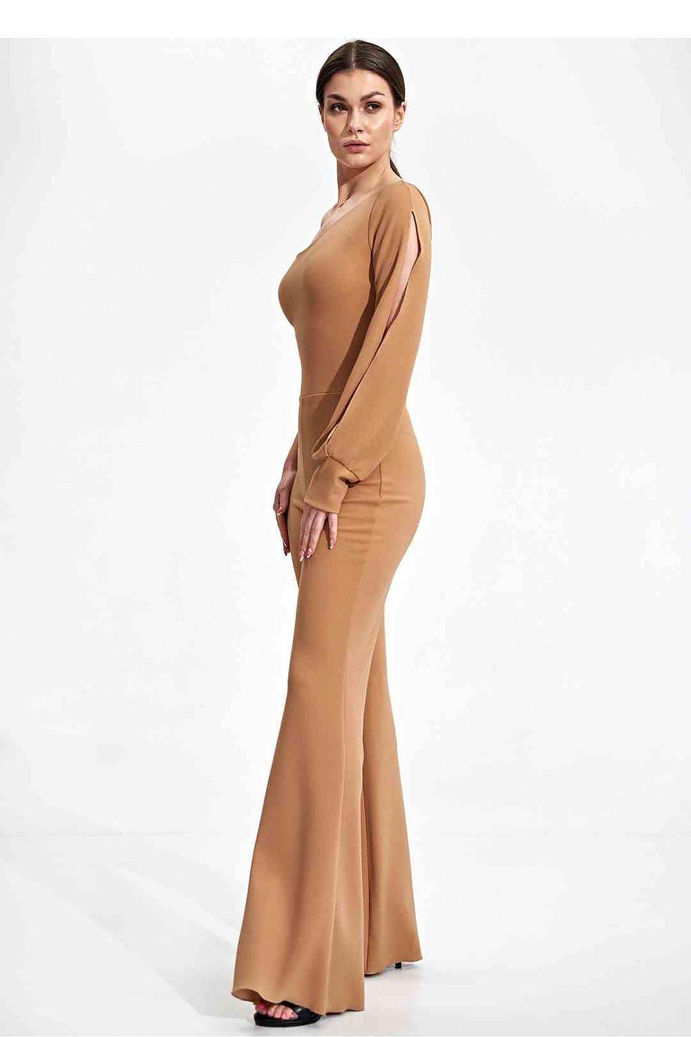 Beige one-shoulder open-back jumpsuit with flared wide legs.