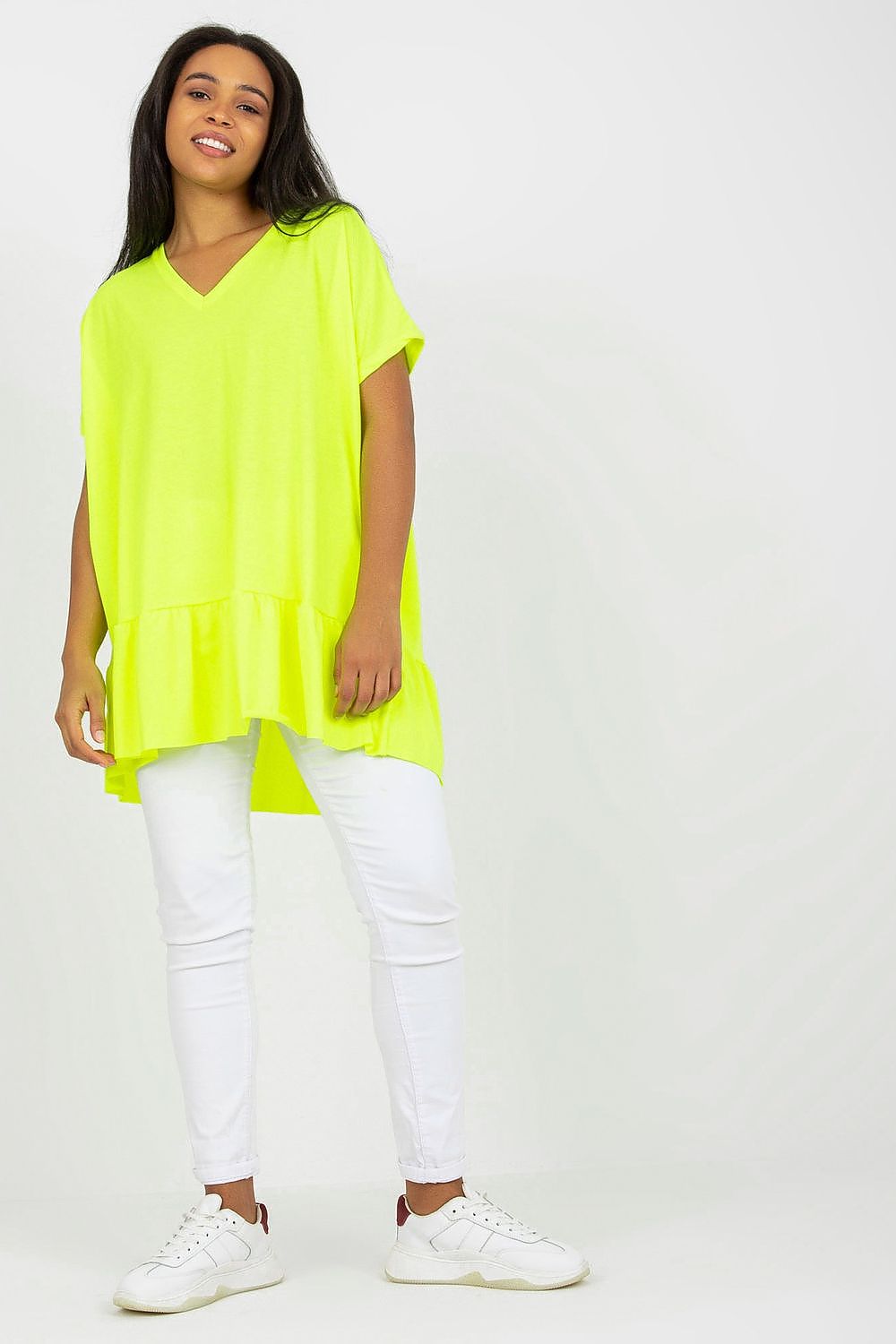 Plus size tunic with V-neck, short sleeves, bright lime green, asymmetrical frill hem