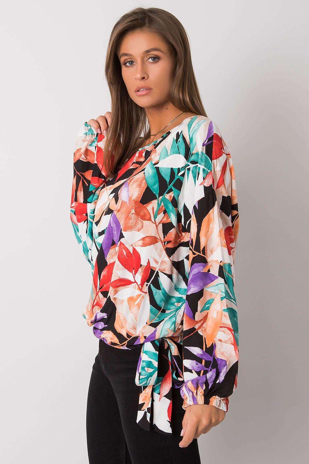 Multicolor leaf print blouse with long sleeves and front tie
