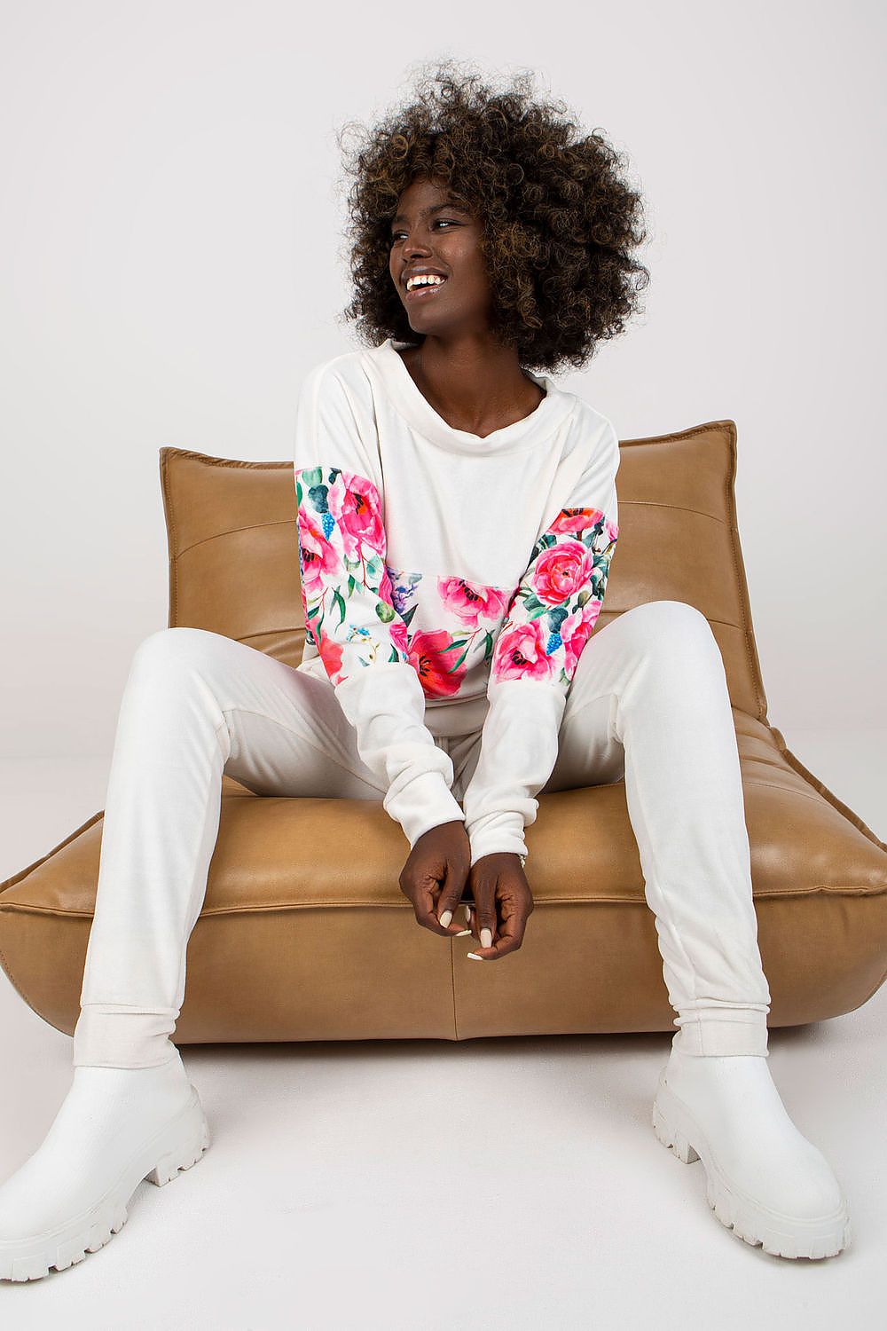 White floral lounge set with long-sleeve top and matching jogger pants