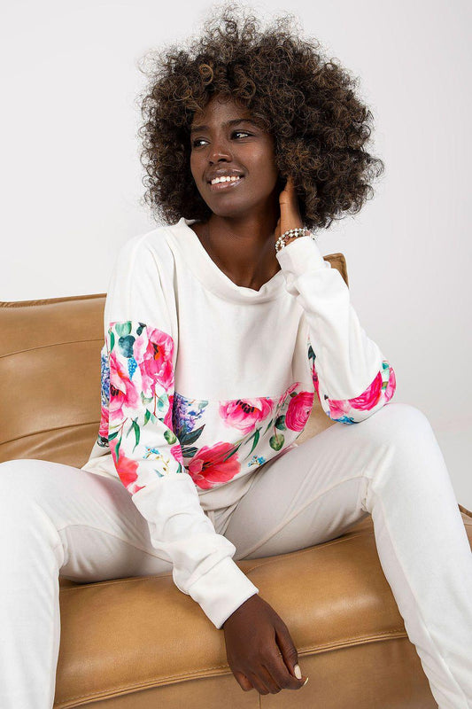 White floral long-sleeve sweatshirt with matching jogger pants, two-piece set