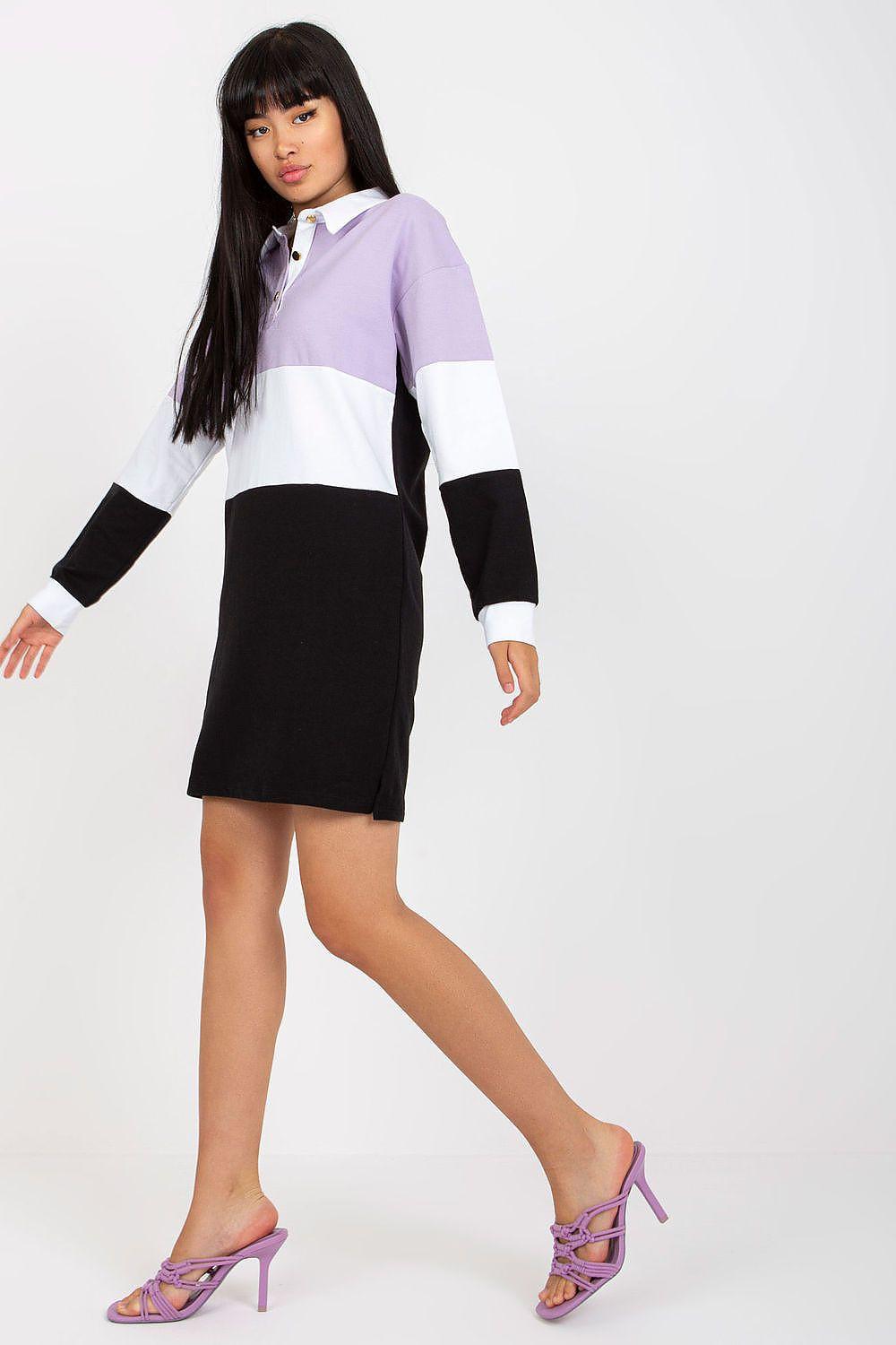 Color-block daydress with violet top, white band, black skirt, long sleeves, button front