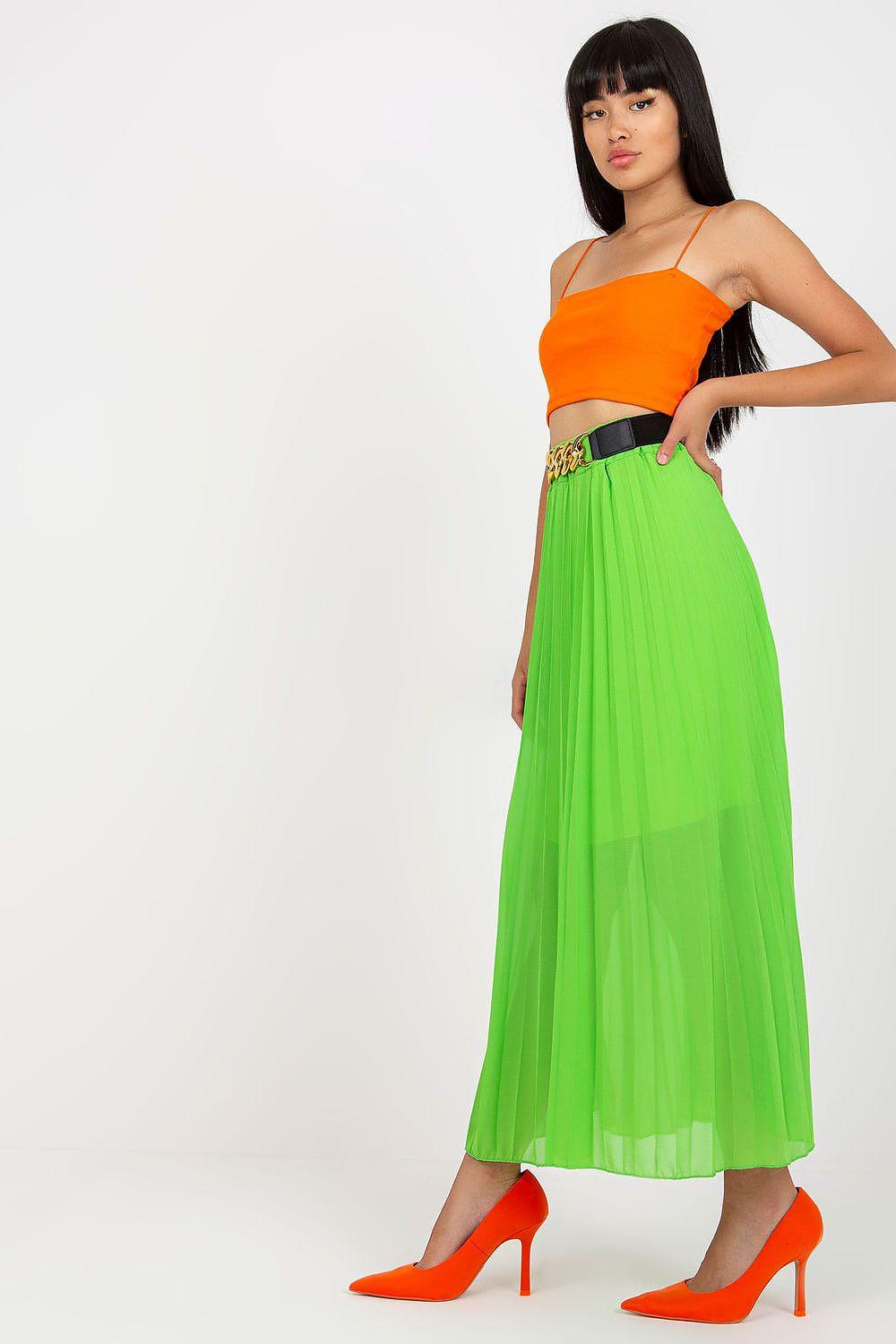 Green maxi skirt with wide belt and sheer pleated tulle texture