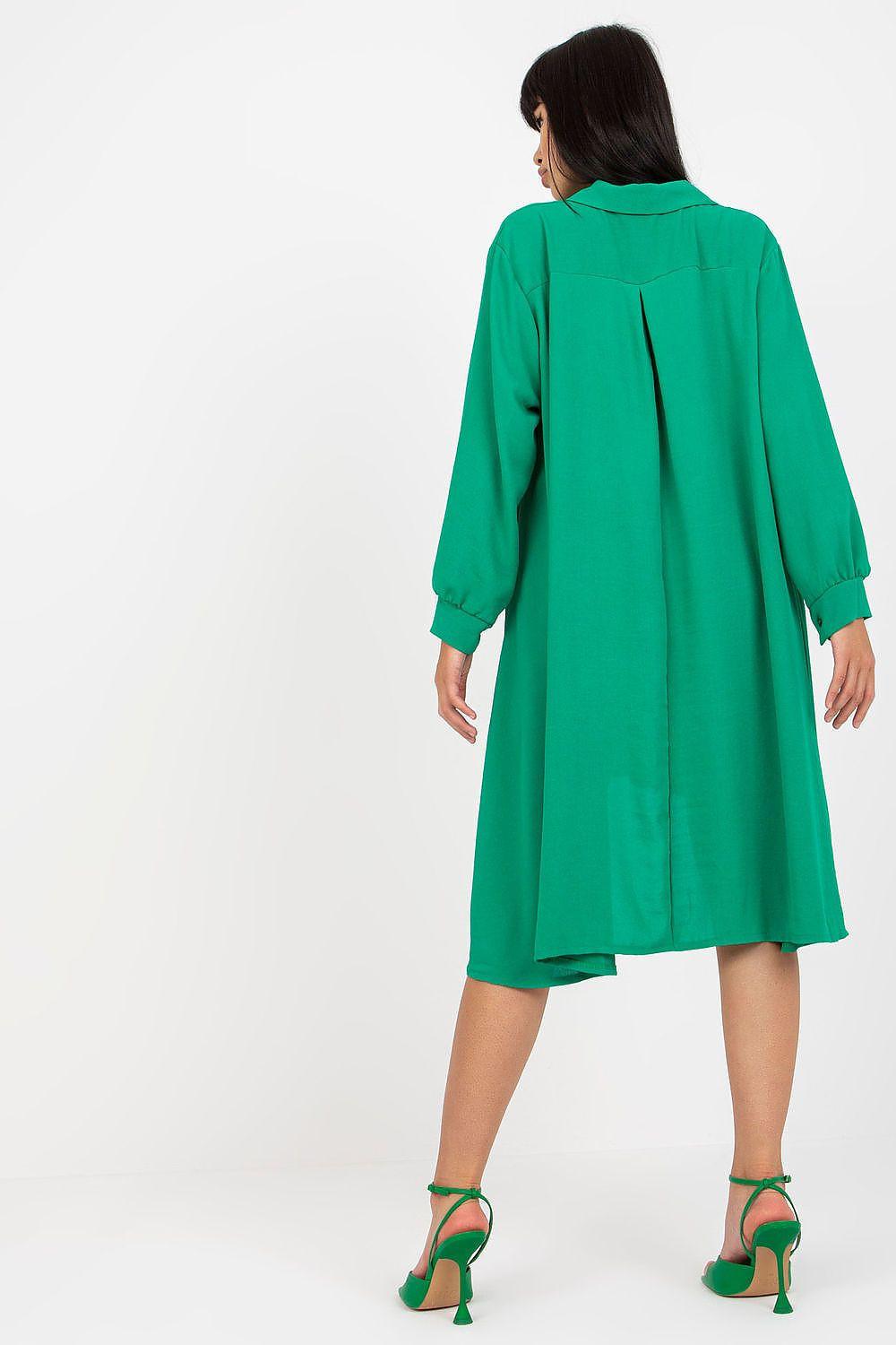 Green collared day dress with back yoke and uneven hem, back view