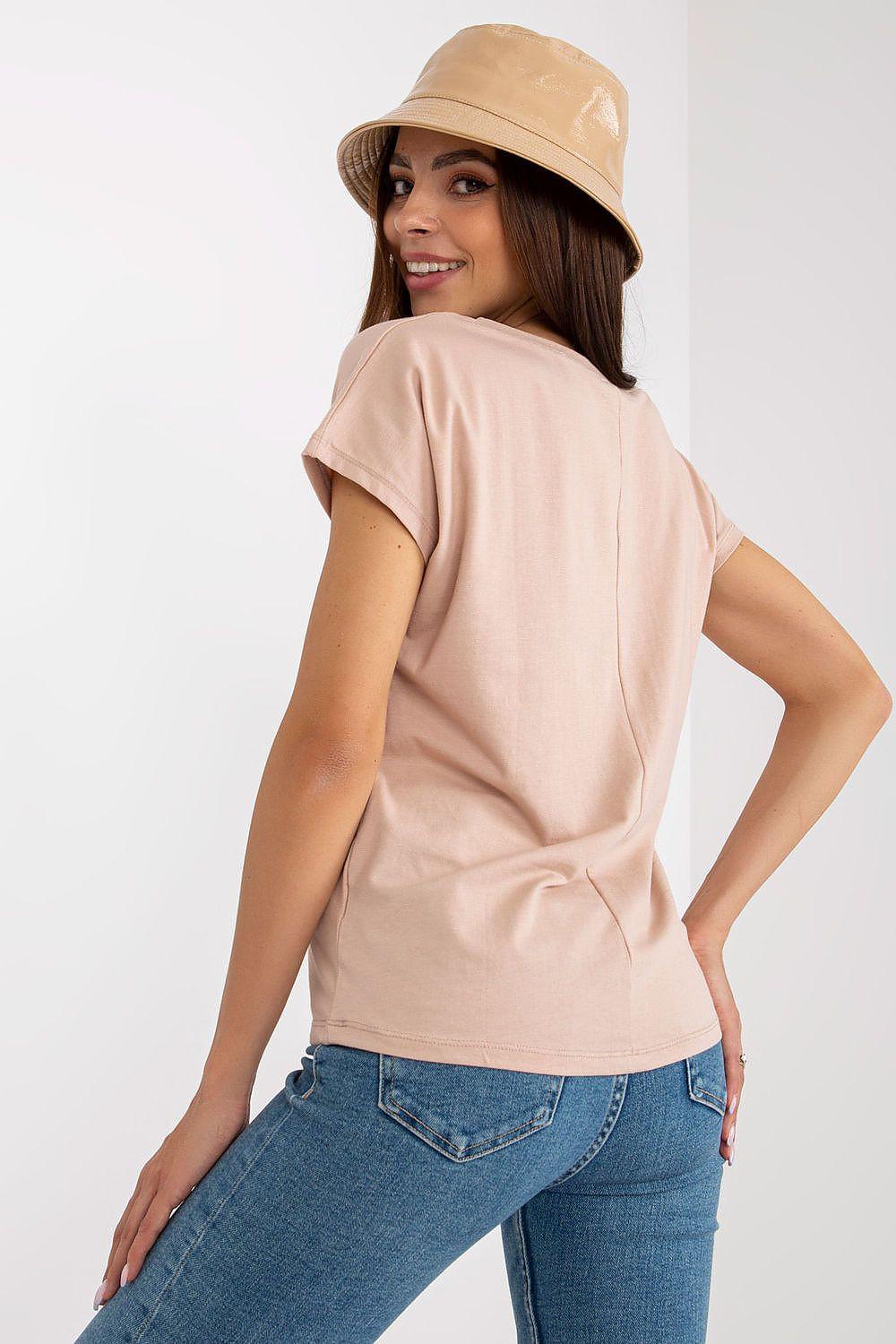 Beige V-neck short-sleeve T-shirt with short hem, back view