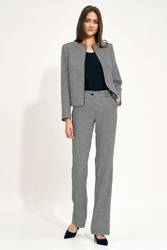 Women’s houndstooth blazer jacket with open front and long sleeves, black-and-white