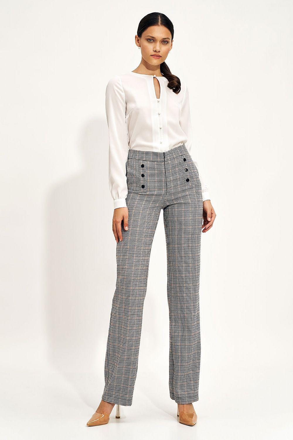 Beige long-sleeve shirt with button front and stand-up neckline