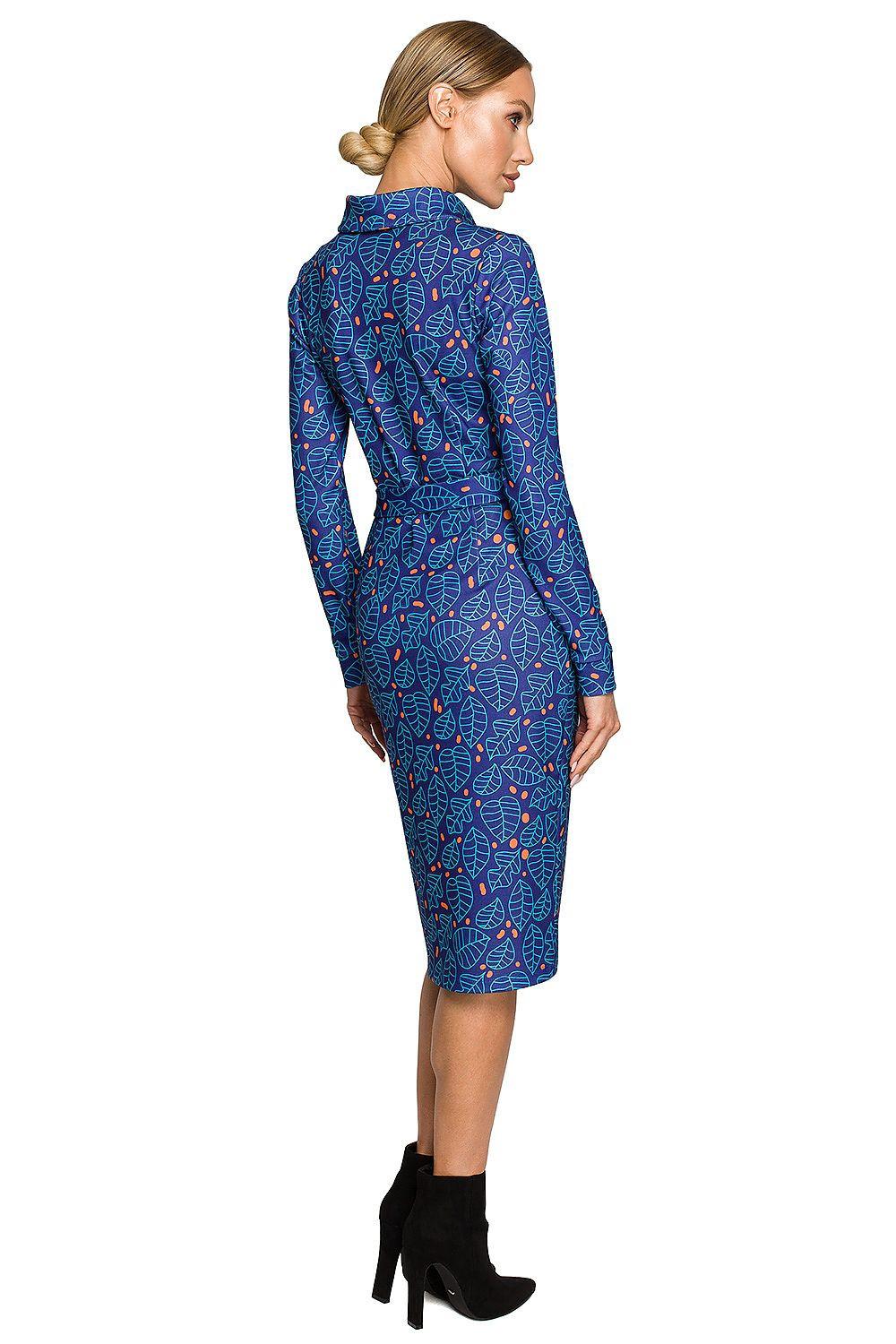 Blue patterned midi day dress, long sleeves, waist tie, back view