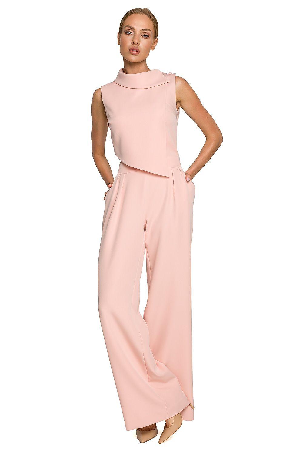 Pink sleeveless wide-leg jumpsuit with high neckline