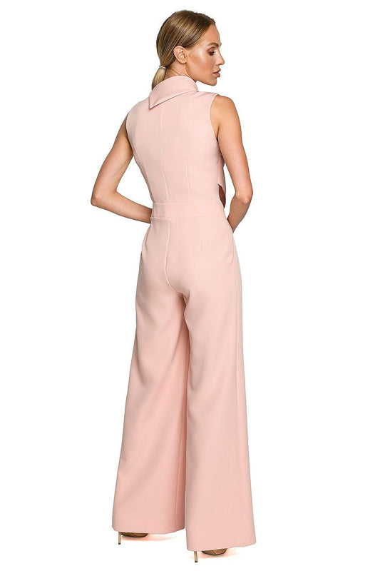 Pink sleeveless pantsuit with high back neck and wide-leg trousers