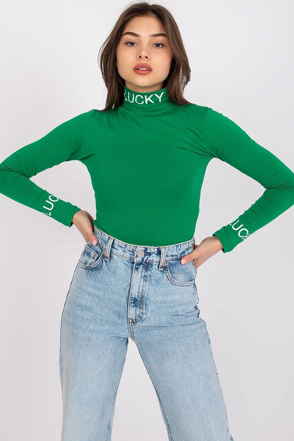 Green long-sleeve blouse with high turtleneck, fitted waist, logo text on sleeves