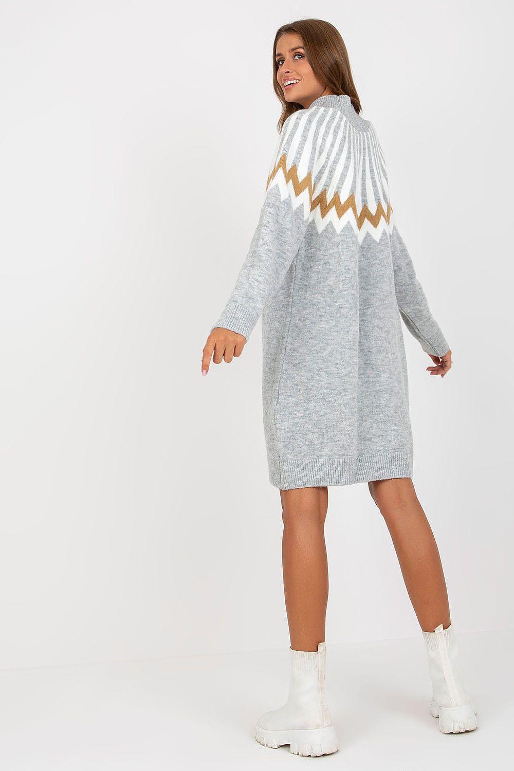Grey knit daydress with high neck and zigzag yoke, long sleeves, straight hem