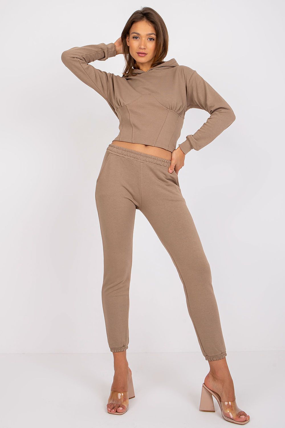 Beige corset hoodie and jogger sweatshirt set with long sleeves