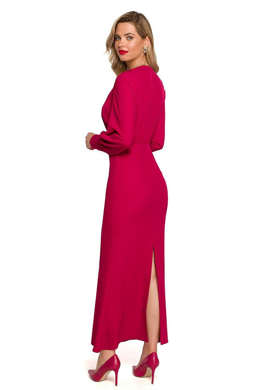 Makover cocktail dress, fuchsia long sleeves, V-neck, side-slit midi silhouette