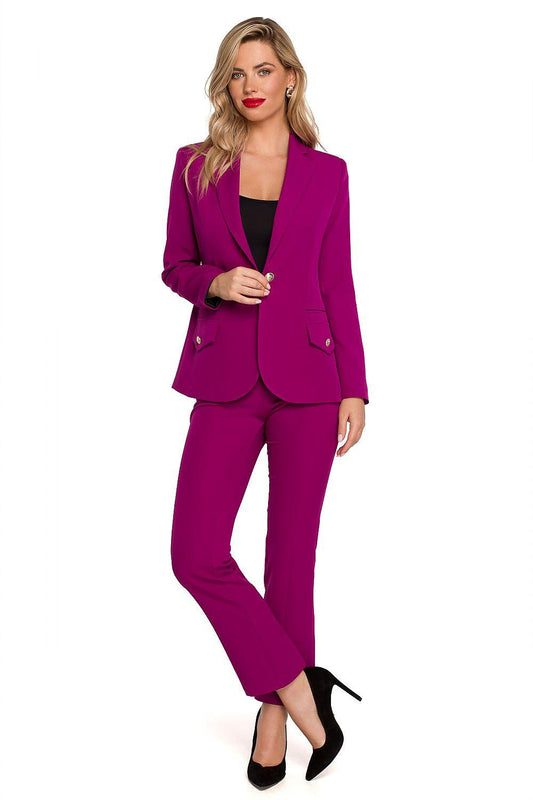 Violet blazer jacket with metal button detail and flap pockets, long sleeves