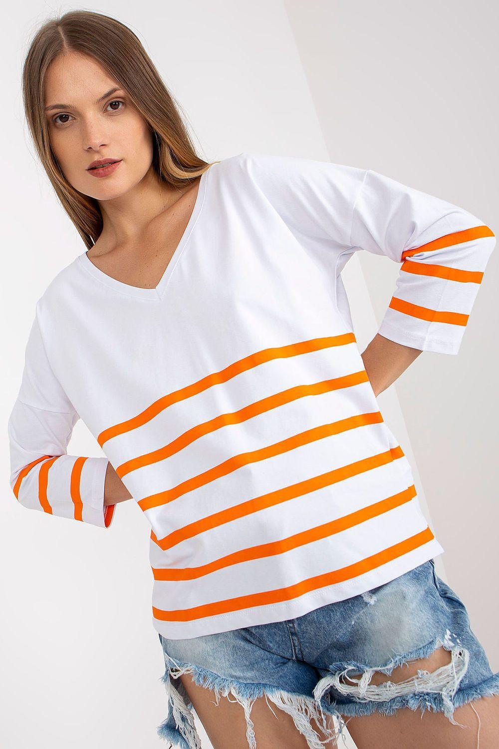 White striped 3/4-sleeve blouse with heart neckline and orange waist stripes
