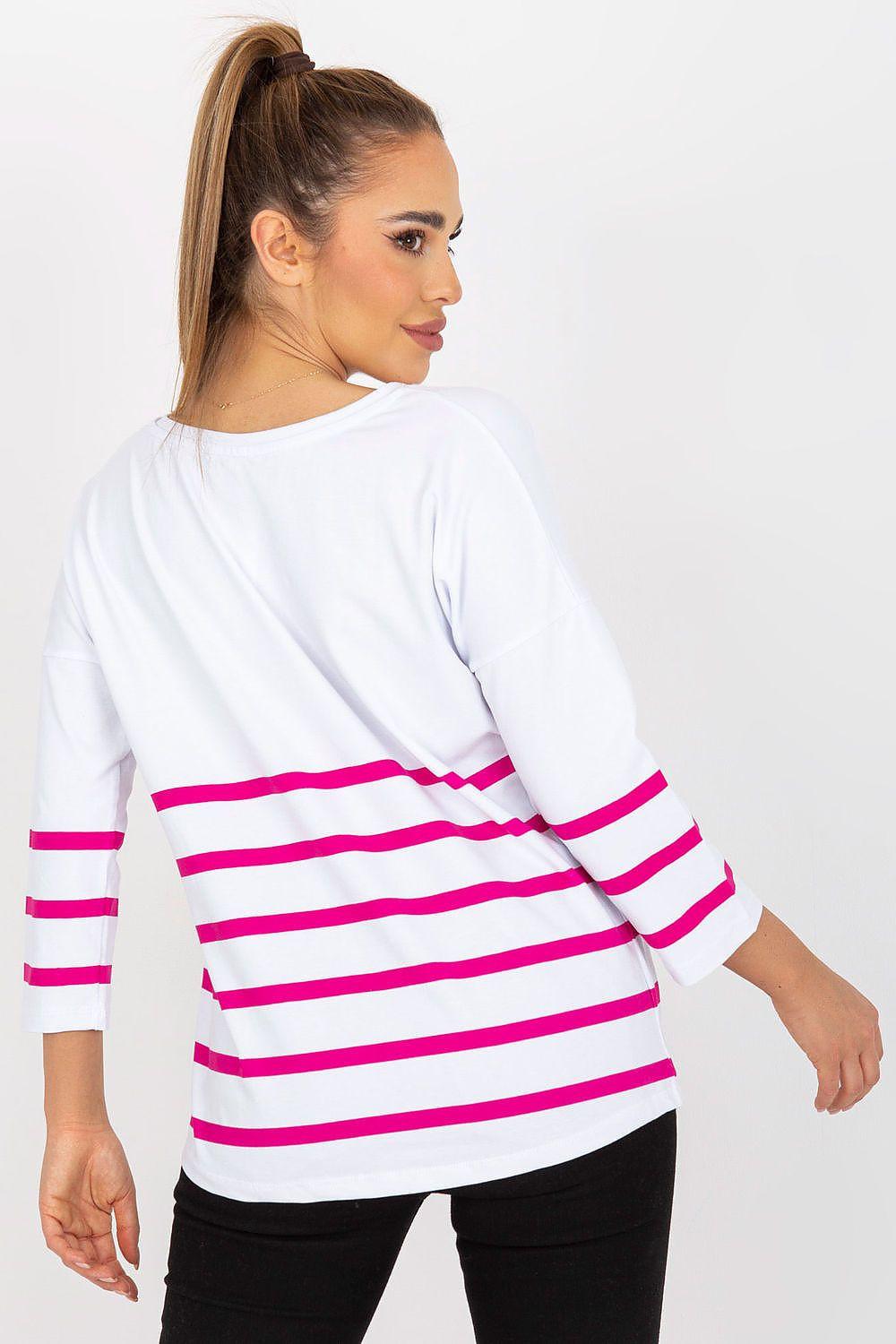 White V-neck blouse with pink horizontal stripes on sleeves and back