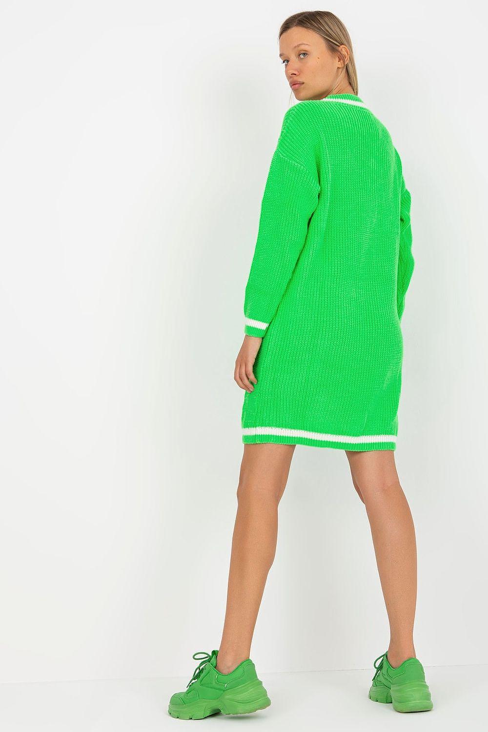 Green knit daydress, side/back view, V-neck with white striped hem