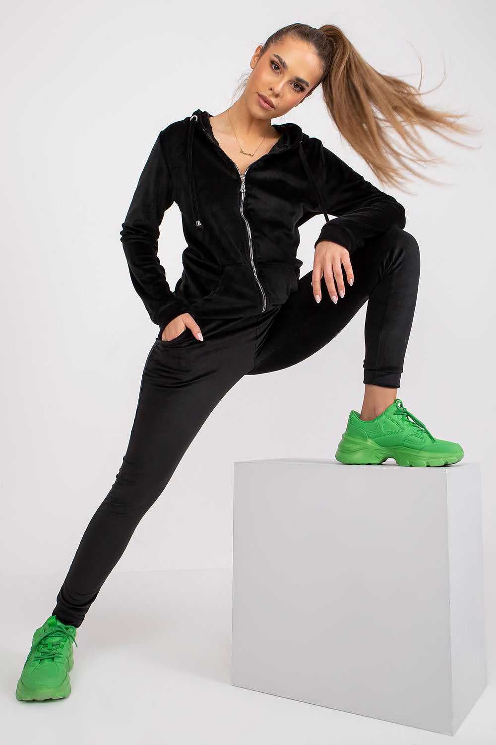 Black velour lounge set with zip hoodie and matching jogger pants