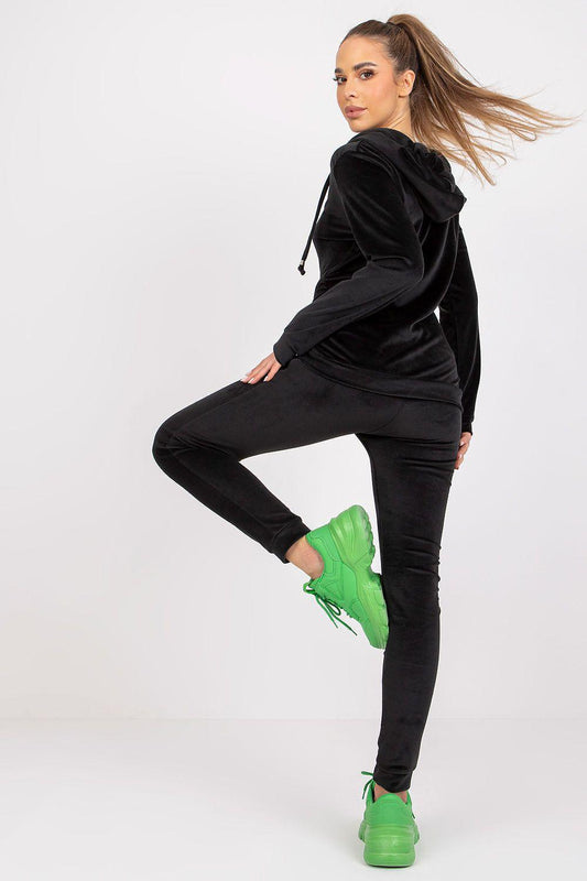 Black velour hoodie and jogger set, zip-front hood with drawstrings, slim pants